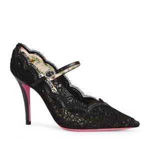 NEW - Gucci Virginia Black Lace Mary Janes with pink soles size 37.5